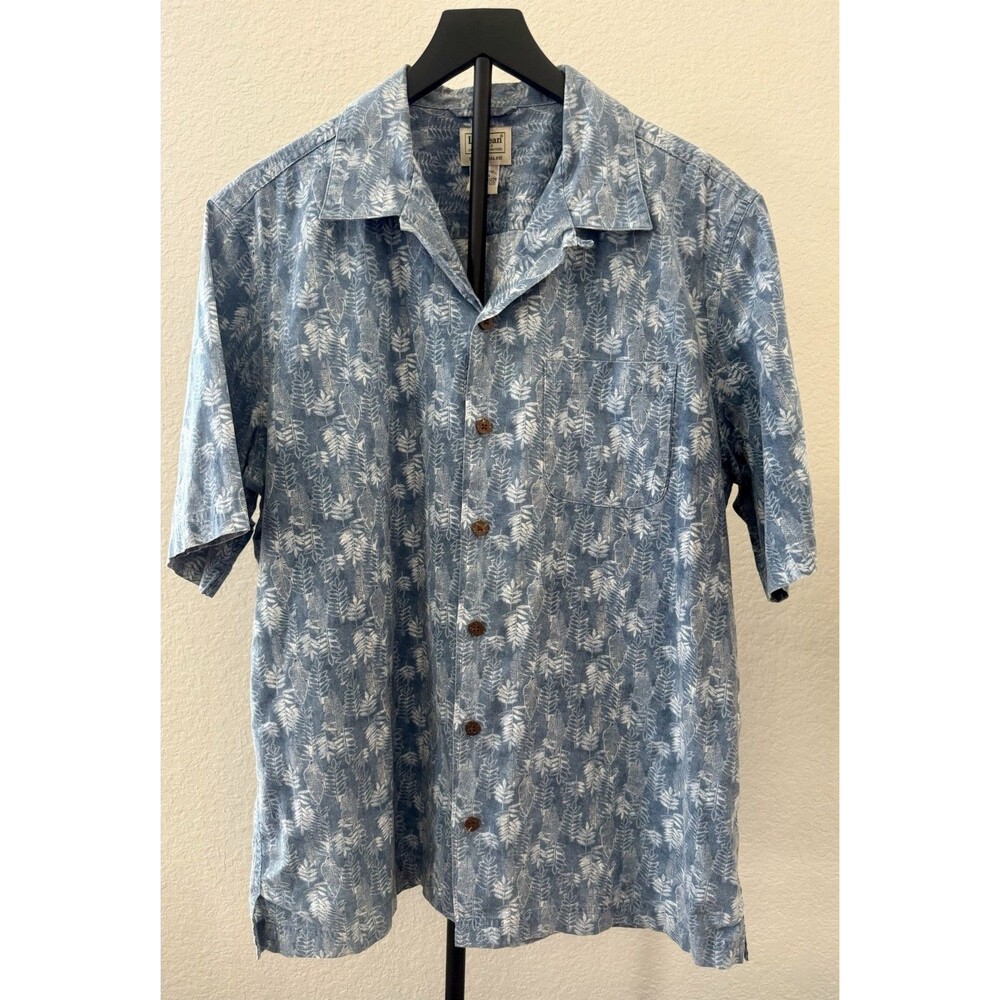 L.L. Bean Men's Tropics Shirt Medium Blue Leaf Print Cotton Camp Retro M